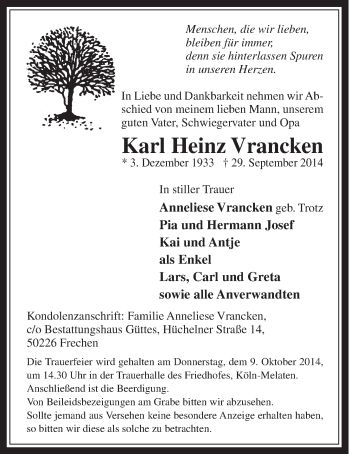 Anzeige von Karl Heinz Vrancken von  Schlossbote/Werbekurier 