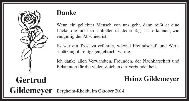  Traueranzeige für Gertrud Gildemeyer vom 08.10.2014 aus  Werbepost 