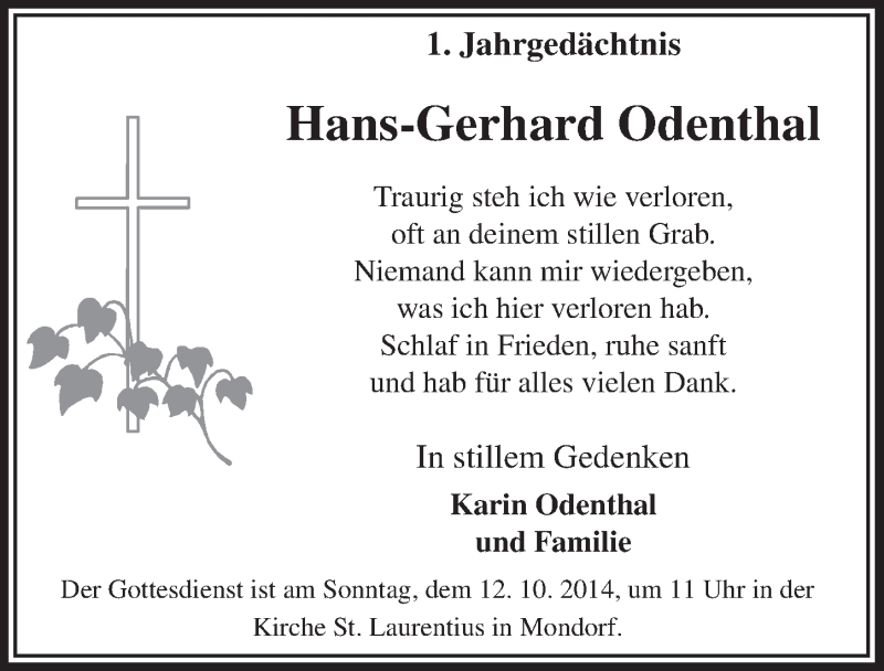  Traueranzeige für Hans-Gerhard Odenthal vom 08.10.2014 aus  Extra Blatt 
