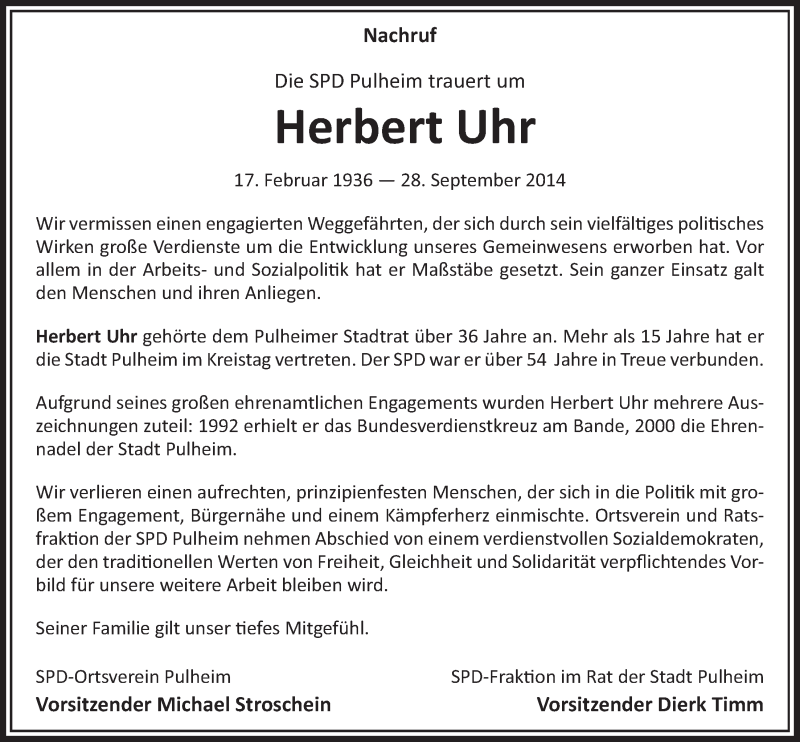  Traueranzeige für Herbert Uhr vom 04.10.2014 aus  Sonntags-Post 