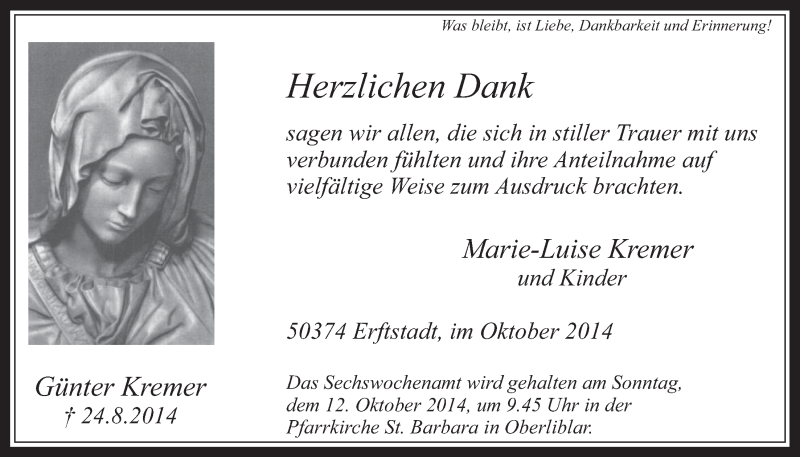  Traueranzeige für Günter Kremer vom 08.10.2014 aus  Werbepost 