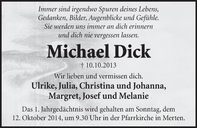  Traueranzeige für Michael Dick vom 08.10.2014 aus  Schlossbote/Werbekurier 