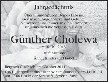 Anzeige von Günther Cholewa von  Bergisches Handelsblatt 