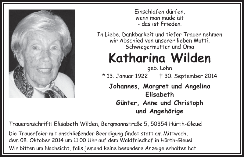  Traueranzeige für Katharina Wilden vom 04.10.2014 aus  Sonntags-Post 
