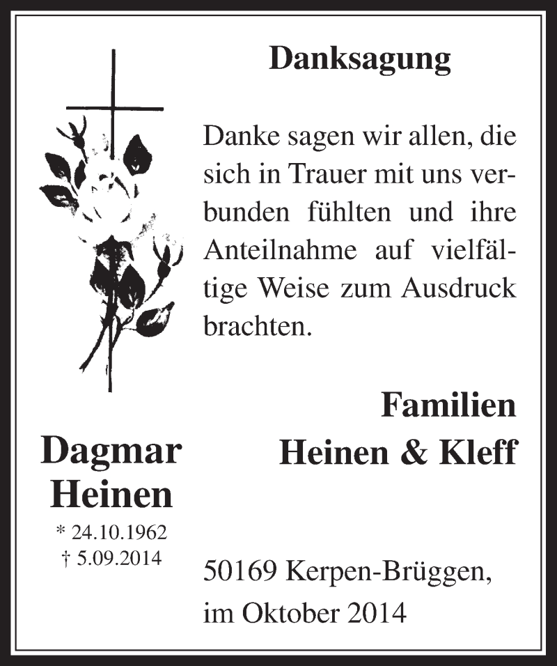  Traueranzeige für Dagmar Heinen vom 08.10.2014 aus  Werbepost 
