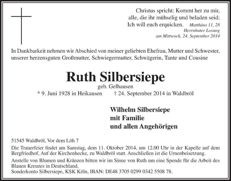  Traueranzeige für Ruth Silbersiepe vom 08.10.2014 aus  Lokalanzeiger 