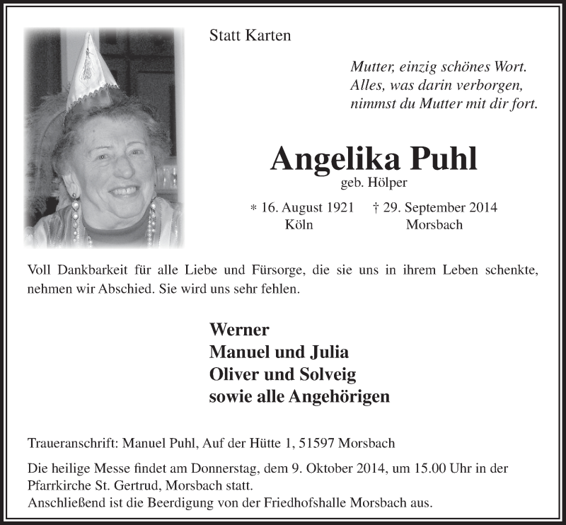  Traueranzeige für Angelika Puhl vom 08.10.2014 aus  Lokalanzeiger 
