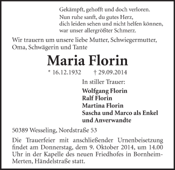 Anzeige von Maria Florin von  Schlossbote/Werbekurier 