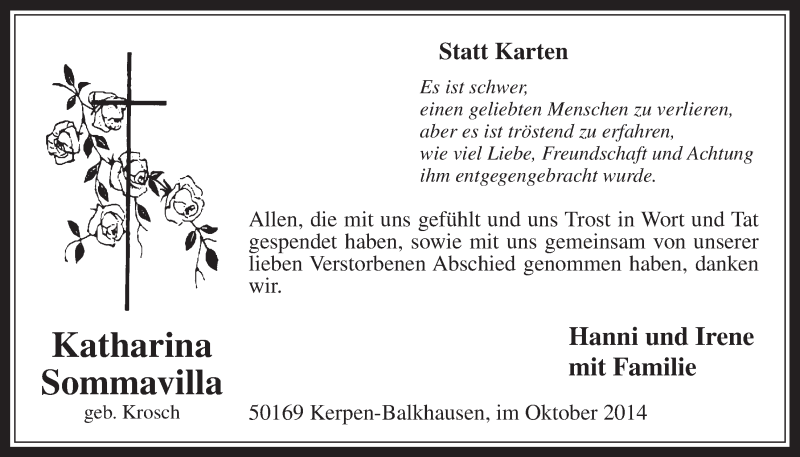  Traueranzeige für Katharina Sommavilla vom 08.10.2014 aus  Werbepost 