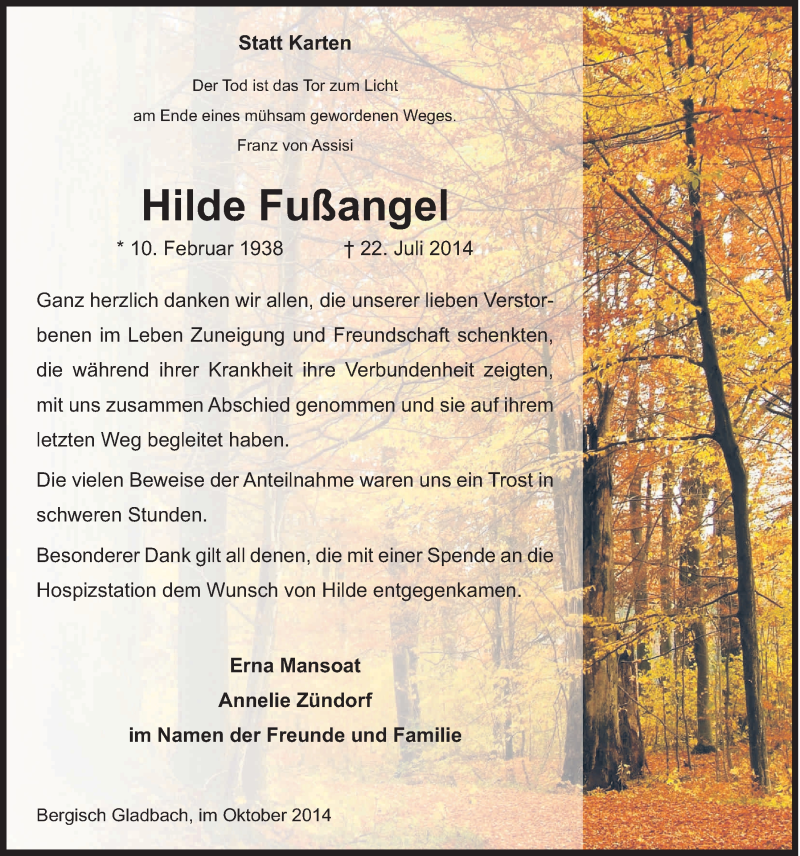  Traueranzeige für Hilde Fußangel vom 15.10.2014 aus  Bergisches Handelsblatt 