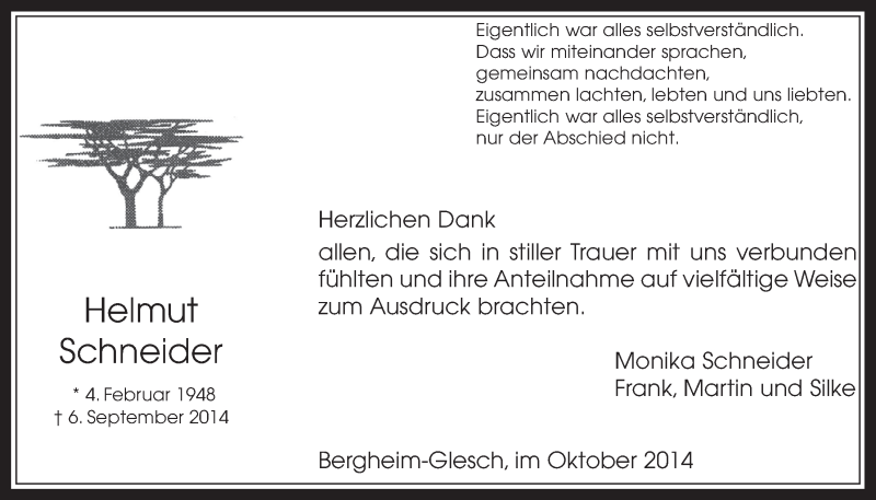  Traueranzeige für Helmut Schneider vom 08.10.2014 aus  Werbepost 