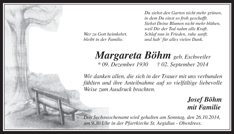  Traueranzeige für Margareta Böhm vom 08.10.2014 aus  Schaufenster/Blickpunkt 