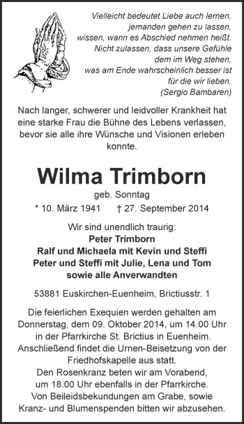 Anzeige von Wilma Trimborn von  Blickpunkt Euskirchen 