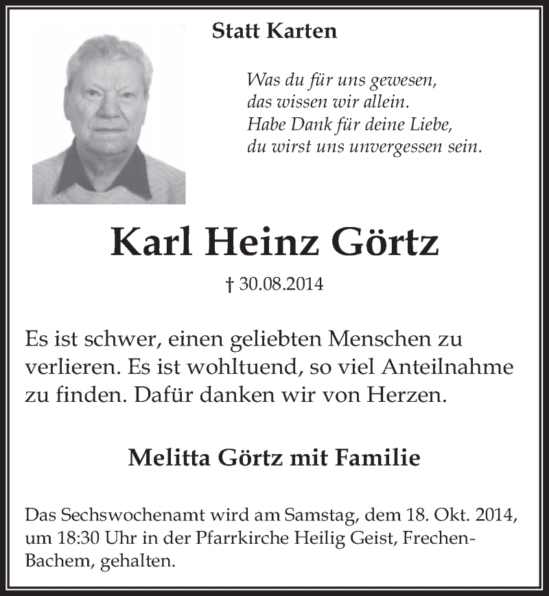  Traueranzeige für Karl Heinz Görtz vom 08.10.2014 aus  Wochenende 