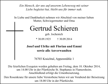 Anzeige von Gertrud Schieren von  Blickpunkt Euskirchen 