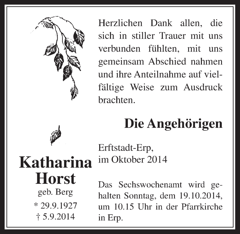  Traueranzeige für Katharina Horst vom 08.10.2014 aus  Werbepost 