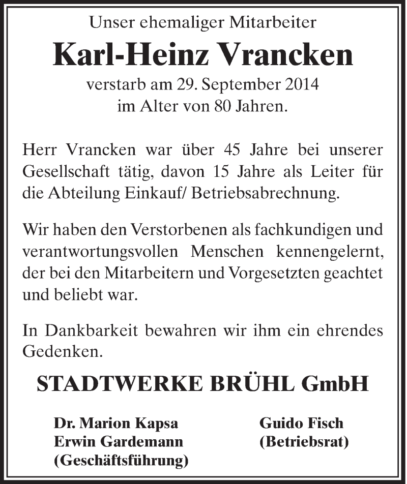  Traueranzeige für Karl-Heinz Vrancken vom 08.10.2014 aus  Schlossbote/Werbekurier 
