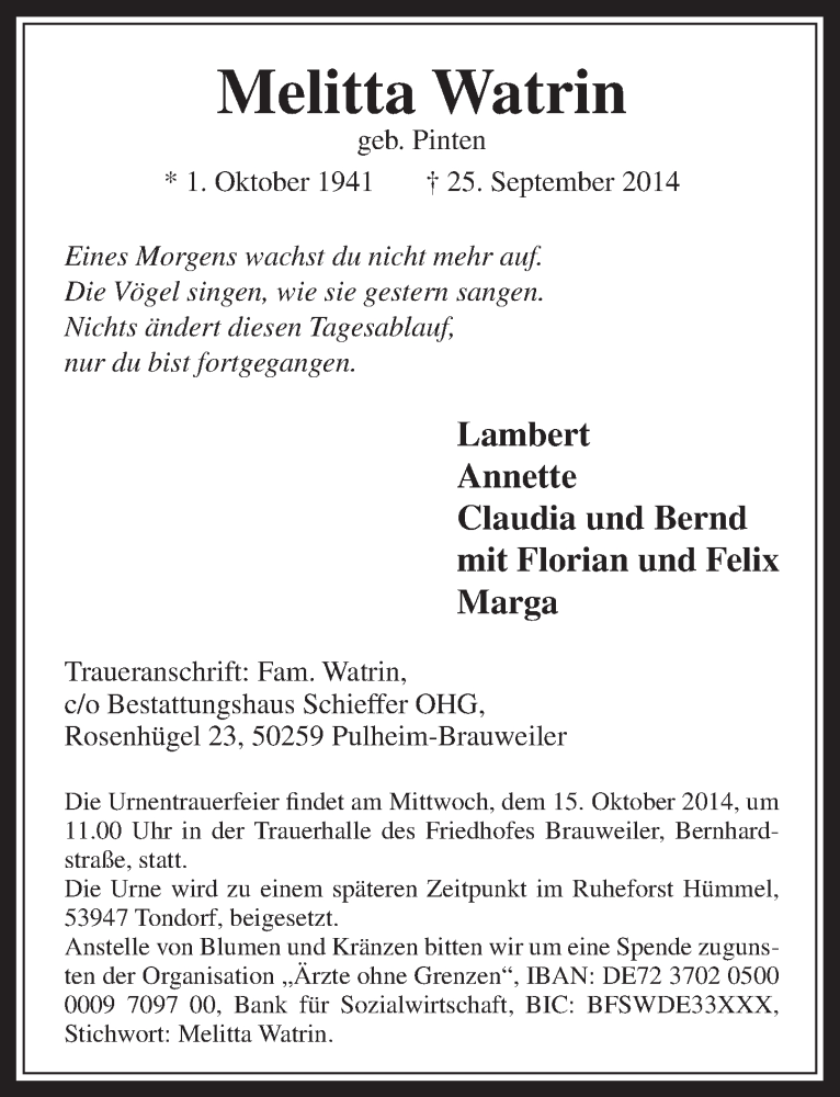  Traueranzeige für Melitta Watrin vom 08.10.2014 aus  Wochenende 