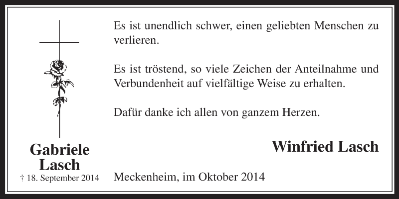  Traueranzeige für Winfried Lasch vom 08.10.2014 aus  Schaufenster/Blickpunkt 