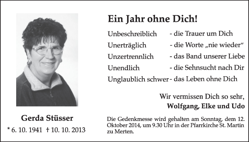  Traueranzeige für Gerda Stüsser vom 08.10.2014 aus  Schlossbote/Werbekurier 