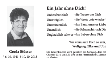 Anzeige von Gerda Stüsser von  Schlossbote/Werbekurier 