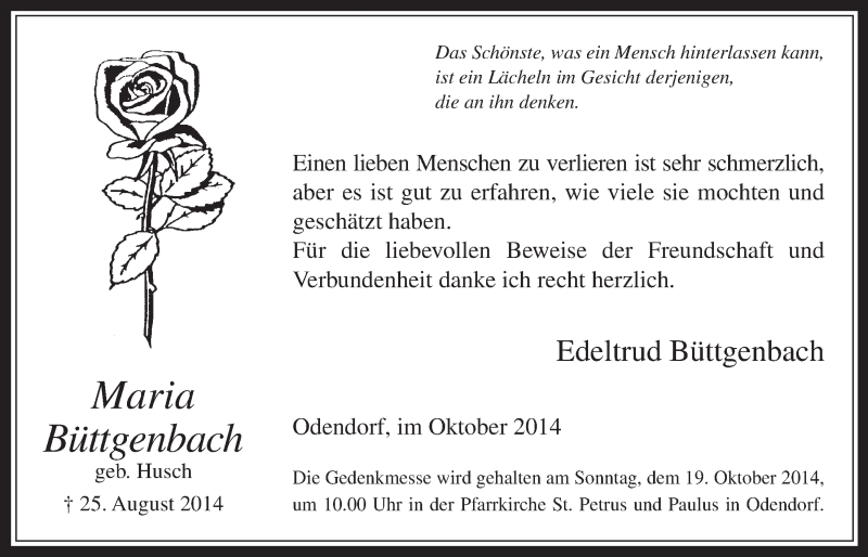  Traueranzeige für Maria Büttgenbach vom 08.10.2014 aus  Schaufenster/Blickpunkt 