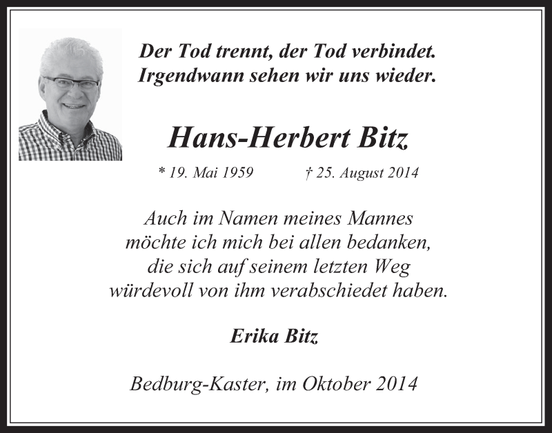  Traueranzeige für Hans-Herbert Bitz vom 08.10.2014 aus  Werbepost 