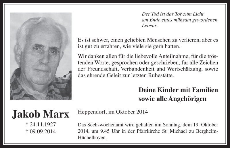  Traueranzeige für Jakob Marx vom 08.10.2014 aus  Werbepost 