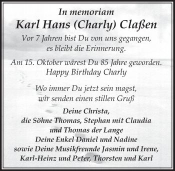 Anzeige von Karl Hans Claßen von  Sonntags-Post 