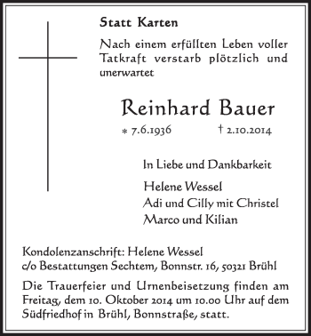 Anzeige von Reinhard Bauer von  Schlossbote/Werbekurier 