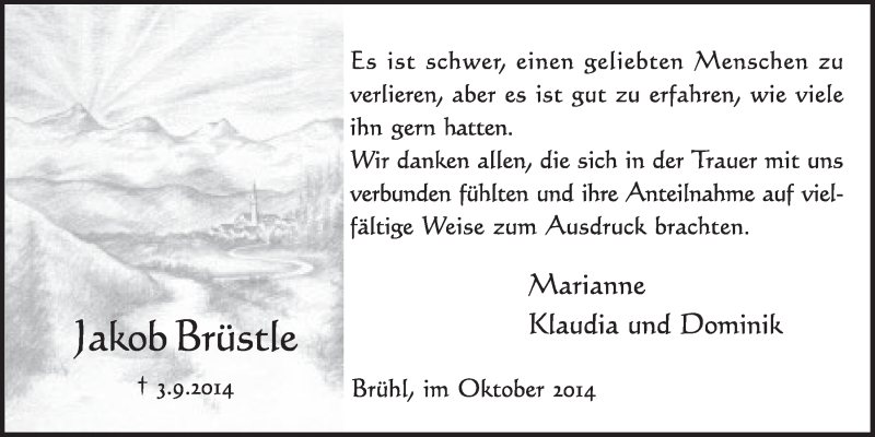  Traueranzeige für Jakob Brüstle vom 08.10.2014 aus  Schlossbote/Werbekurier 