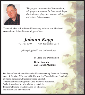 Anzeige von Johann Kapp von  Wochenende 