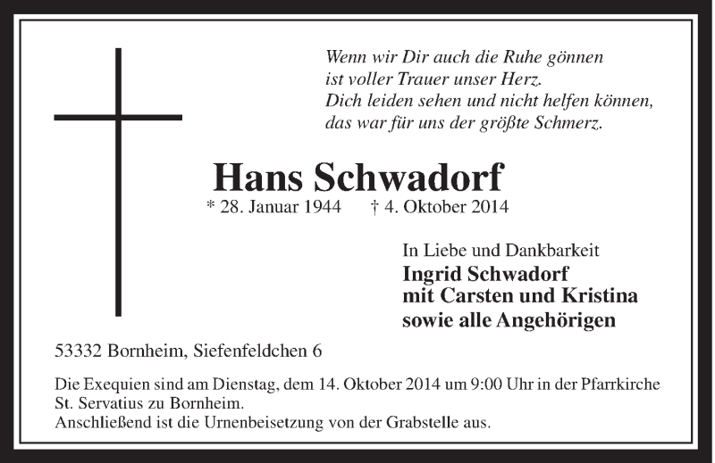  Traueranzeige für Hans Schwadorf vom 08.10.2014 aus  Schaufenster/Blickpunkt 