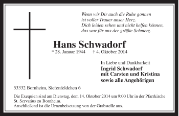 Anzeige von Hans Schwadorf von  Schaufenster/Blickpunkt 
