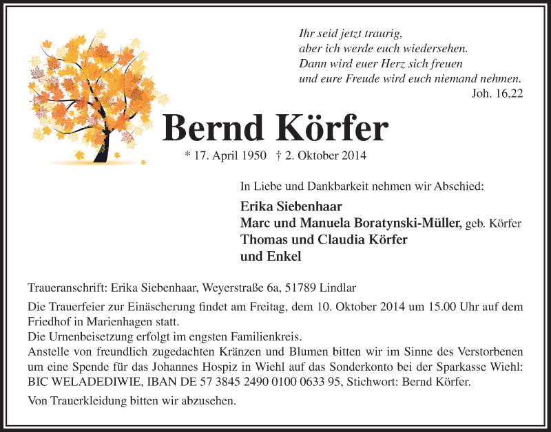  Traueranzeige für Bernd Körfer vom 08.10.2014 aus  Anzeigen Echo 