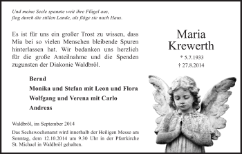 Anzeige von Maria Kreweth von  Lokalanzeiger 