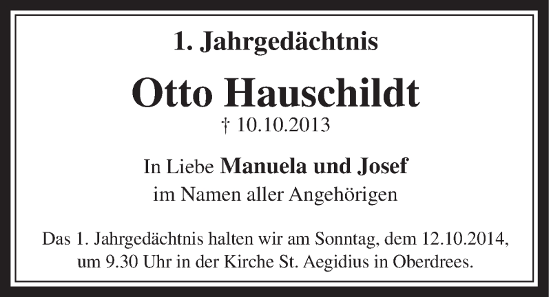  Traueranzeige für Otto Hauschildt vom 08.10.2014 aus  Schaufenster/Blickpunkt 