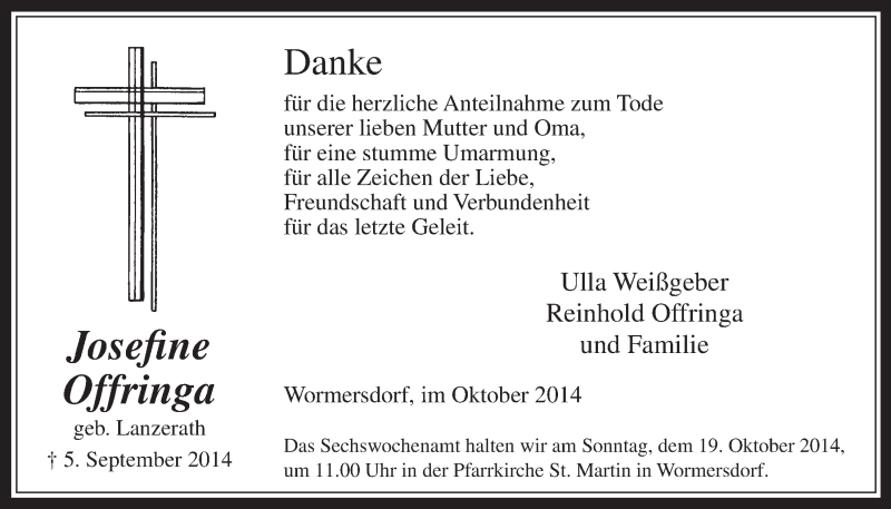 Traueranzeige für Josefine Offringa vom 15.10.2014 aus  Schaufenster/Blickpunkt 