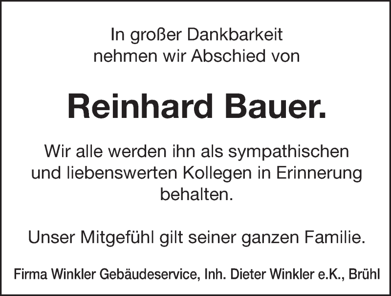  Traueranzeige für Reinhard Bauer vom 08.10.2014 aus  Schlossbote/Werbekurier 