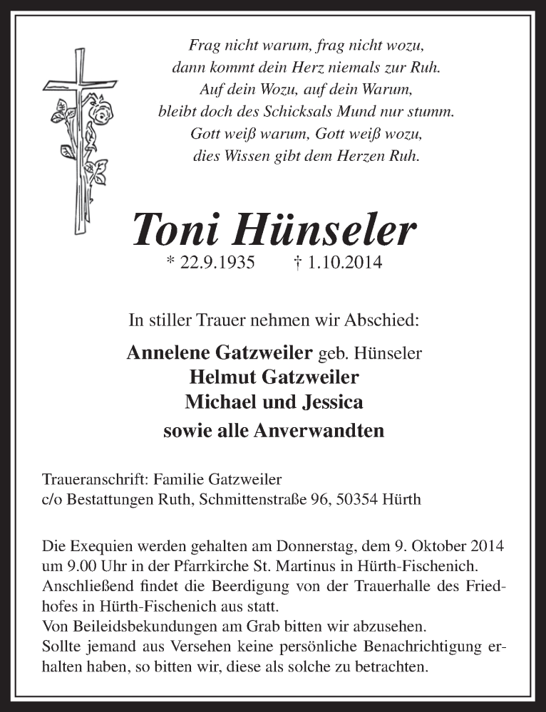  Traueranzeige für Toni Hünseler vom 08.10.2014 aus  Wochenende 