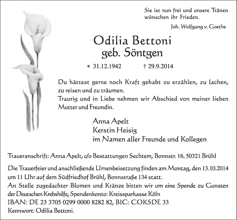  Traueranzeige für Odilia Bettoni vom 08.10.2014 aus  Schlossbote/Werbekurier 