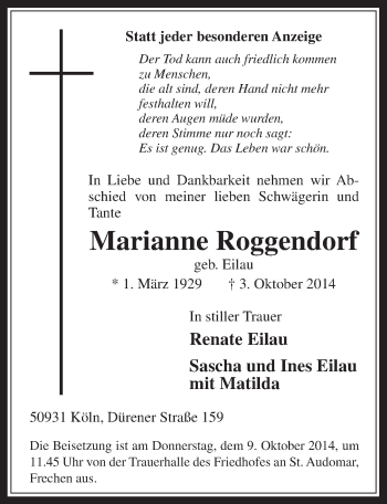 Anzeige von Marianne Roggendorf von  Wochenende 