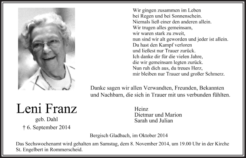  Traueranzeige für Leni Franz vom 08.10.2014 aus  Bergisches Handelsblatt 