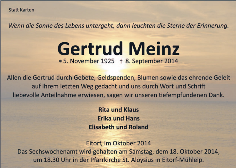  Traueranzeige für Gertrud Meinz vom 11.10.2014 aus  Rhein-Sieg-Wochenende 