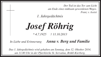 Anzeige von Josef Röhrig von  Schlossbote/Werbekurier 