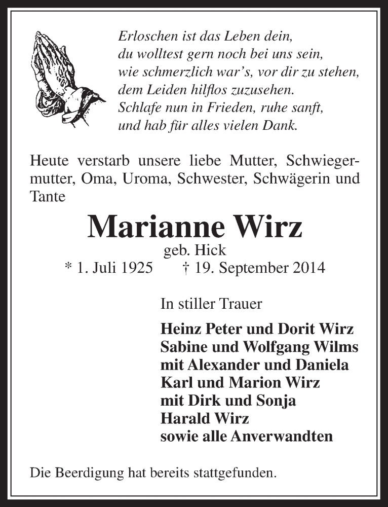  Traueranzeige für Marianne Wirz vom 08.10.2014 aus  Wochenende 
