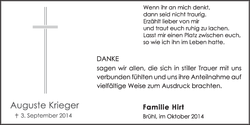  Traueranzeige für Auguste Krieger vom 08.10.2014 aus  Schlossbote/Werbekurier 