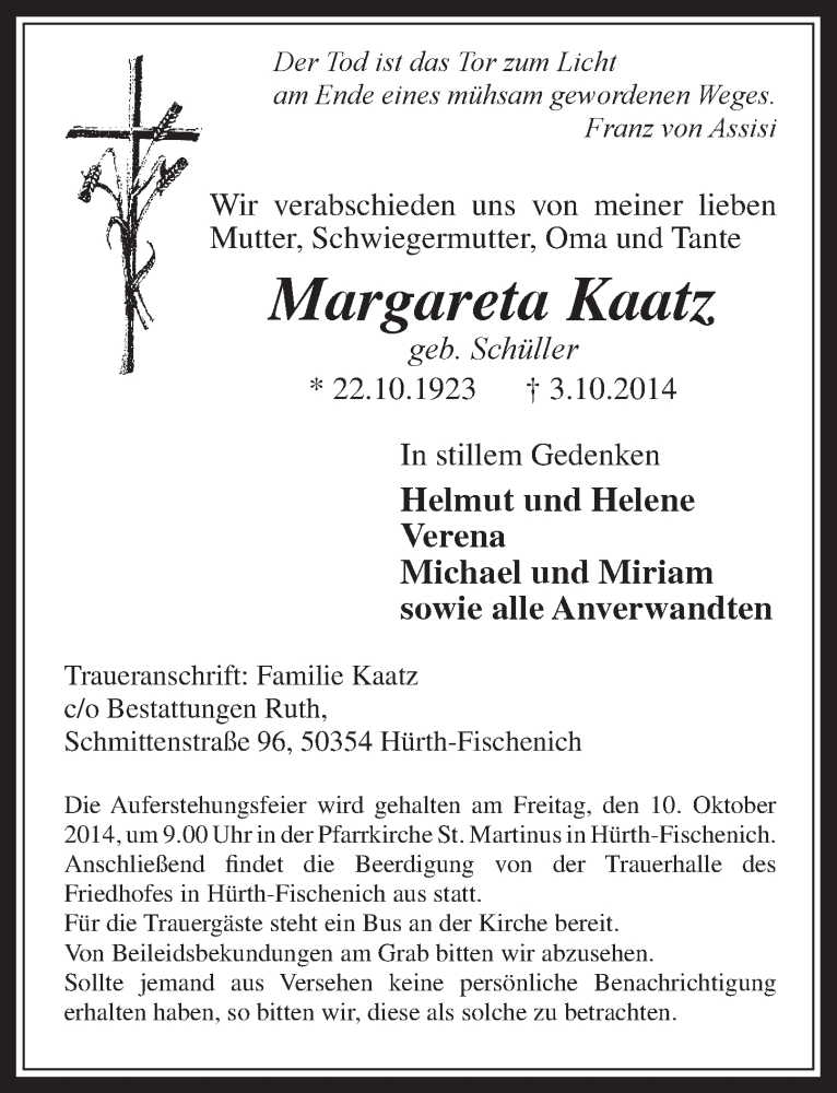  Traueranzeige für Margareta Kaatz vom 08.10.2014 aus  Wochenende 