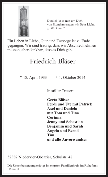 Anzeige von Friedrich Bläser von  Werbepost 