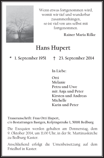 Anzeige von Hans Hupert von  Werbepost 